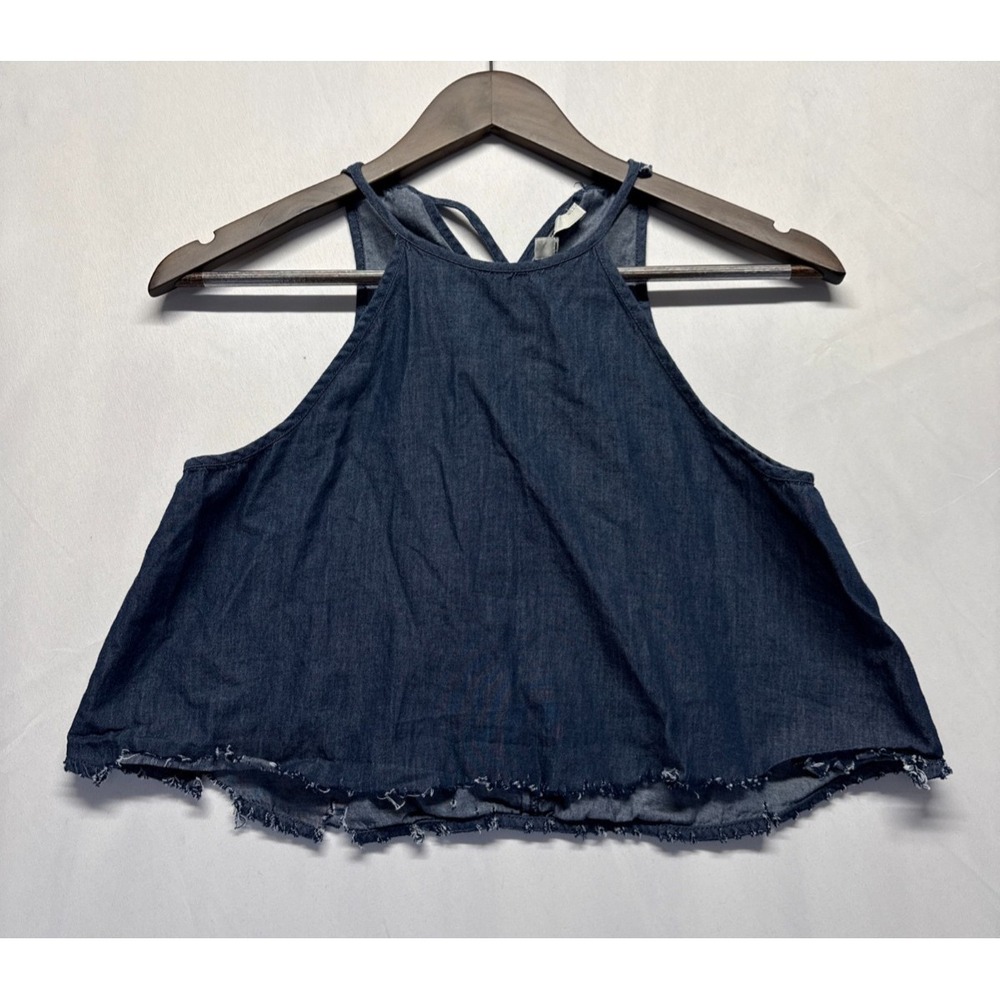 Guess Cropped Tank Top Womens Small Blue Chambray Cotton Frayed Hem Halter Neck